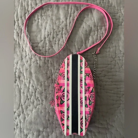 Betsey Johnson Surfs Up Pink Surfboard Crossbody Bag Zippered Silver Tropical - Picture 8 of 9